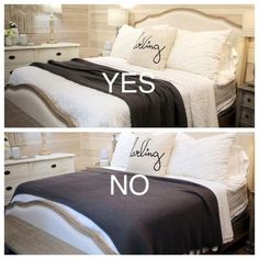 two pictures of a bed with white sheets and pillows, one has black and white bedspread