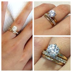 three different views of a woman's engagement ring and wedding band, with one diamond in the center