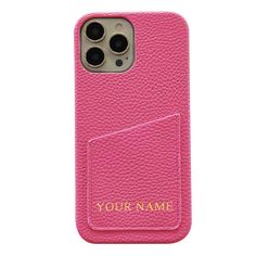 a pink iphone case with the name your name in gold lettering on an apple phone