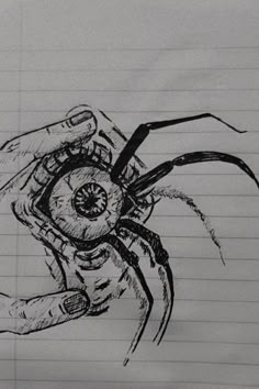 a drawing of a hand holding a spider with an eyeball in it's center