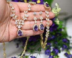 Purple Jeweled Jewelry For Wedding, Purple Wedding Jewelry With Jewels, Elegant Purple Jewelry For Wedding, Purple Wedding Jewelry, Gold Jewelry Prom, Jewelry Prom, Dark Amethyst, Bridesmaids Earrings, Shiny Rings