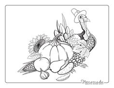 a thanksgiving turkey with sunflowers and cornucts on it's head