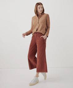 Women's Walnut Classic Corduroy Wide Leg Pant 2XL. Super soft organic women's clearance Classic Corduroy Wide Leg Pant from Wear PACT. Fair Trade Factory. GOTS Certified Organic Cotton Chambray Pants, Western Boho, Wide Leg Pant, Cotton Pants, Corduroy Pants, Button Up Shirt, Fair Trade, Women Empowerment, Wide Leg Pants