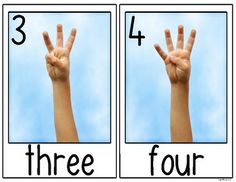 four different pictures with the words three and four in front of them, showing hand gestures