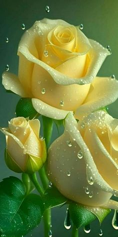 two yellow roses with water droplets on them and green leaves in front of the image