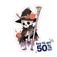 a sticker with a skeleton wearing a witches hat and holding a pumpkin on it