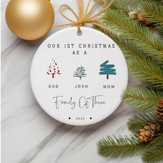 personalized christmas ornament with family tree, pine cone and bauble