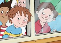 three children looking out the window at each other