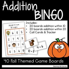 addition bingo game for fall with pumpkins and leaves on the front, and two matching cards