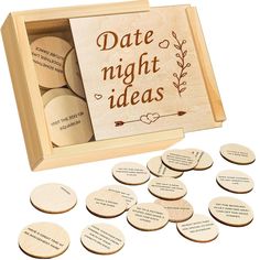 wooden coasters in a box with the words date night ideas printed on one side