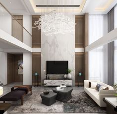 a modern living room with marble flooring and white walls