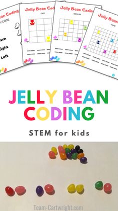 Text: Jelly Bean Coding STEM for Kids. Top Picture: Free printables available for Easter coding activity. Bottom Picture: Jelly beans lined up for coding. Coding Activities For Preschoolers, Easter Stem Activities For Kids, Technology Activities For Elementary, Technology Activities For Preschool, Computer Science Elementary, Coding Kindergarten Activities, Computer Class Activities