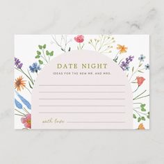 a pink card with flowers and leaves on it, reads date night ideas for the new year and more