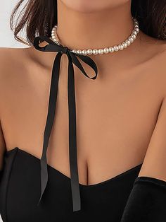 1pc Elegant Black Velvet Bow Choker Necklace With Faux Pearl Chain, Y2k Style Women's Accessary | SHEIN USA Black Ribbon Choker Necklace, Black Ribbon Choker, Ribbon Choker Necklace, Bow Choker, Vacation Jewelry, Black Velvet Bow, Ribbon Choker, Trending Necklaces, Classic Necklace