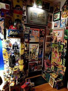 a room filled with comic books and toys