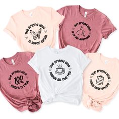 The Friend Who knows all the tea, plans everything, and keeps it real--these playful group shirts are perfect for highlighting what makes each friend special. Whether it's a girls' trip, a birthday celebration, or a casual hangout, these matching shirts add a touch of fun to any occasion. Designed with comfort in mind, these women's tees offer a flattering fit and come in stylish colors like white, heather peach, and heather mauve. Each shirt features a unique phrase with a matching icon, making Friendship Shirts For 4 Best Friends, Shirts For Friends Group, Fun Crew Neck Shirt, Matching T Shirts Friends, Funny Slogan Tops For Gifts, Funny Slogan Tops As Gifts, Funny Slogan Tops As Gift, Best Friend Matching Shirts, Friendship Shirts