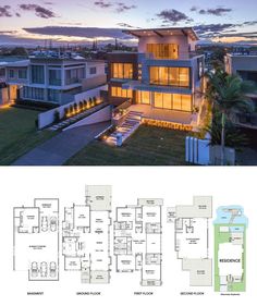 the floor plan for this modern home is shown in an aerial view, with multiple levels and