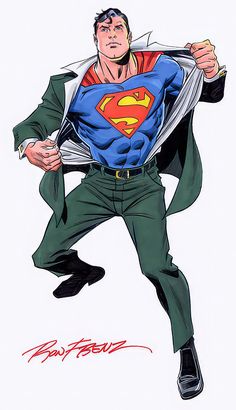 a drawing of a man in a suit and superman shirt with his arms out,