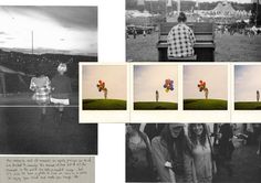 black and white photographs of people standing in front of a bench with flowers on it