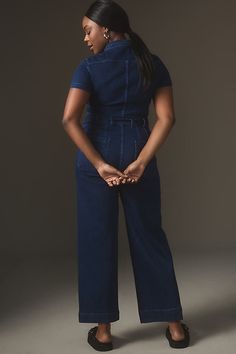 From the top-rated Colette collection, a true hit-single featuring a zipper bodice, tailored wide-leg, and wear-anywhere appeal. | The Colette Weekend Denim Jumpsuit by Maeve in Blue, Women's, Size: 00, Cotton/Elastane/Lyocell at Anthropologie Dark Wash Fitted Wide Leg Jumpsuits And Rompers, Fitted Wide-leg Dark Wash Jumpsuits And Rompers, Fitted Dark Wash Wide Leg Jumpsuits And Rompers, Fitted Denim Jumpsuit With Wide Leg For Workwear, Fitted Wide Leg Dark Wash Jumpsuit, Dark Wash Fitted Wide Leg Jumpsuit, Denim Blue Wide Leg Fitted Jumpsuits And Rompers, Chic Denim Blue Wide Leg Jumpsuits And Rompers, Denim Blue Fitted Wide Leg Jumpsuits And Rompers