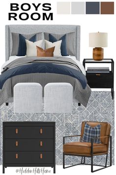 Boys bedroom decor design with a gray upholstered bed and gray, navy, and leather accents throughout Hanson Upholstered Bed, Boy Room Bedding, Teen Boy Room