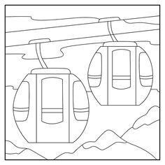 a black and white drawing of a cable car in the sky with mountains behind it