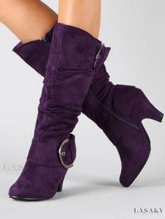 Lasaky - Sophisticated Black Suede Mid Calf Boots with Pointed Toe, Chunky Heel, and Elegant Buckle Detail Purple Fitted Heeled Boots For Winter, Fitted Purple Heeled Boots For Winter, Purple Heeled Boots For Winter, Purple Formal Boots For Fall, Chic Purple Heeled Boots For Fall, Fitted Heels With Buckle Closure For Fall, Knee-high Heels With Buckle Closure For Fall, Chic Purple Boots For Fall, Purple Things