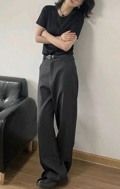 Neutral Smart Casual Outfit, Professional Baggy Outfits, Support Worker Outfit, Masc Women Business Casual, Slacks Outfits For Women, Masc Black Outfits, Masc Office Wear, Work Outfit Inspo Summer, Modest Tomboy Outfits