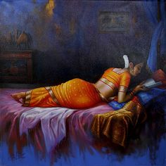 an oil painting of a woman laying on a bed with a book in her hand