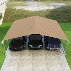 three cars are parked under a metal carport