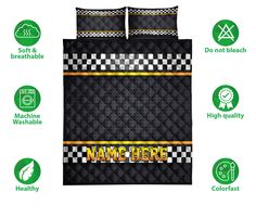 bedding set with name and checkerboard pattern on the front, black background