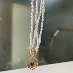 Vintage Pearl Necklace Red Stone Golden Heart - Froppin Valentine's Day Alloy Heart Necklace With Adjustable Chain, Valentine's Day Metal Necklace With Pearl Chain, Red Pearl Necklaces For Valentine's Day, Pearl Clavicle Chain Necklace With Heart Pendant, Valentine's Day Metal Choker Necklaces, Valentine's Day Metal Jewelry With Pearl Charm, Red Heart Charm Choker Necklace, Adjustable Clavicle Chain Necklace For Valentine's Day, Valentine's Day Pearl Clavicle Chain Necklace