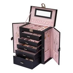 an open black jewelry box with five drawers