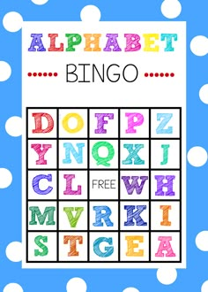 a printable alphabet bingo game with letters and numbers in the middle, on a blue background