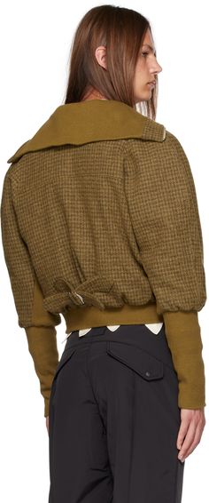 Plain-woven wool-blend jacket. Houndstooth pattern throughout. · Rib knit spread collar, hem, side seams, and cuffs · Zip closure extends to collar · Flap pockets · Logo flag at chest · Cinch strap at back hem · Welt pocket at interior · Full plain-woven lining Supplier color: Gold Tweed Outerwear With Flap Pockets For Work, Brown Workwear Outerwear With Ribbed Cuffs, Winter Workwear Tweed Jacket With Collar, Winter Workwear Collared Tweed Jacket, Fitted Wool Outerwear With Ribbed Cuffs, Wool Houndstooth Outerwear For Work, Long Sleeve Tweed Outerwear With Concealed Placket, Fall Tweed Outerwear With Concealed Placket, Fitted Outerwear With Ribbed Cuffs For Work