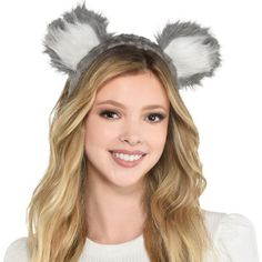 A women wearing a Furry Koala Ear Headband. Koala Headband, Eucalyptus Forest, Plush Headband, Faux Fur Ears, Cupcake Supplies, 1st Birthday Balloons, Candy Making Supplies, Honeycomb Decorations, Helium Tank