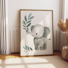 an elephant is standing next to a plant in a room with white walls and wooden floors