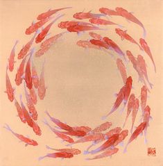 a circle of red fish swimming in the middle of a body of water with pink and blue colors