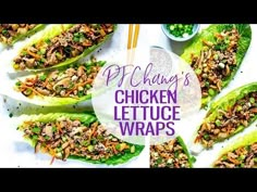 lettuce wraps filled with chicken and vegetables on top of a white tablecloth