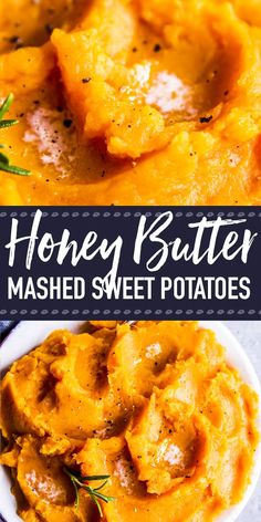 honey butter mashed sweet potatoes in a white bowl