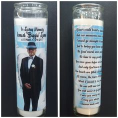 two candles with the same image on them, one has an angel and the other is a man in a tuxedo