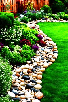 a garden with green grass, rocks and flowers