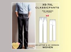 an image of men's pants sewing pattern with the text xs - xxl