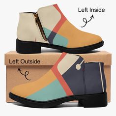 Mid Century Modern Fashion Shoe Boots With Kitschy Atomic Cat On Heel Retro Multicolor Boots For Fall, Multicolor Retro Boots For Fall, Retro Multicolor Round Toe Boots, Retro Multicolor Boots With Round Toe, Retro Multicolor Boots For Winter, Retro High-top Boots For Fall, Retro Ankle-high Boots For Fall, Retro High-top Winter Boots, Retro Ankle Boots For Winter