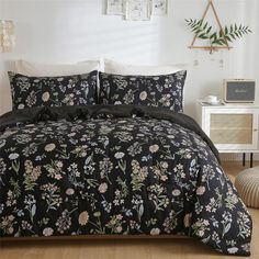 PRICES MAY VARY. [Cute Floral Design]: Botanical design on black comforter features cute yellow and pink flowers with green leaves, bringing a breath of spring for any season, reviving your room into floral vibe. The perfect blend of vibrant and bold color brighten up your bedroom with fresh look. [Twin Comforter Set]: You can get a floral comforter set twin with 1 comforter(68”x88”) and 1 pillow case(20”x30”). It fits your twin bed perfectly. The black floral comforter may come wrinkled because Black Foral Bedding, Dark Cozy Bedroom, Yellow And Pink Flowers, Bedroom Ideas Romantic, Black Comforter, Floral Comforter Sets, Floral Bedding Sets, Floral Comforter, Flower Leaves