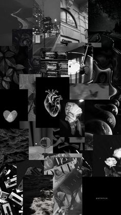 black and white collage with many different images