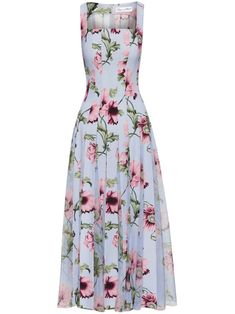 light blue/multicolour all-over floral print square neck concealed rear zip fastening sleeveless pleated skirt mid-length silk lining Bohemian Wedding Guest, Godet Dress, Circus Aesthetic, Midi Dress Blue, Poppy Print, Versace Outfit, City Dress, Floral Print Midi Dress, Jonathan Adler