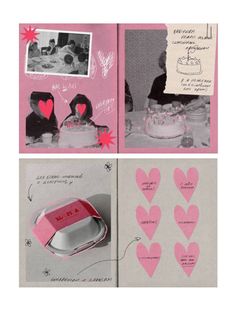 an open book with pink and white images on it's pages, two pictures of people sitting at a table in front of a heart - shaped cake