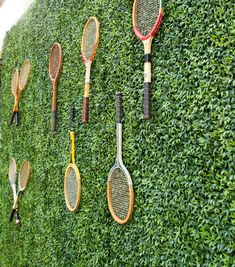 several tennis rackets are hanging on a wall covered in green grass and bushes,