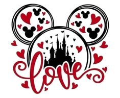 mickey mouse ears with the word love in red and black, surrounded by hearts on a white background